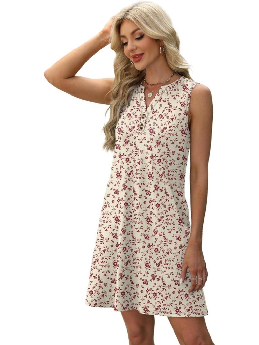 Women's Floral White Red Dresses Women Beach Vacation Clothes Button Mini Dress - Picture 5 of 6